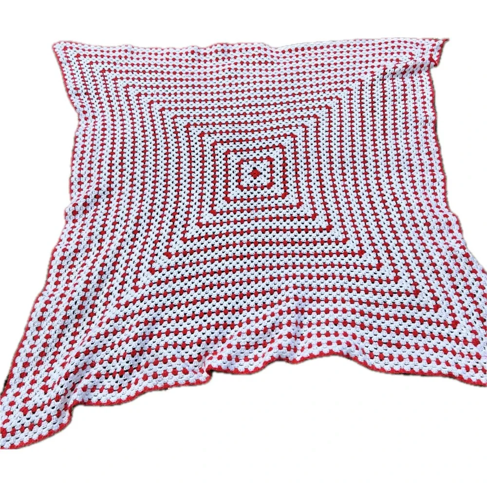 Vintage Handmade Granny Square Crochet Red White Throw Blanket | 76